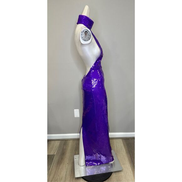 NWT LaQuan Smith Halter Open Back Sequin Bodycon Maxi Gown Grape Large $2550 - Picture 11 of 12